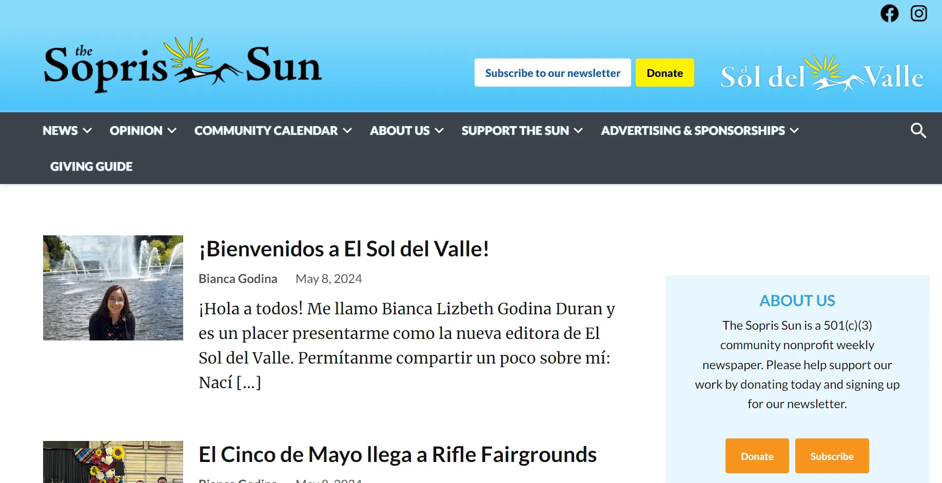 A screenshot of the Sopris Sun website