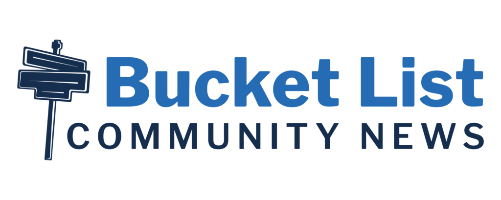 Bucket List Community News logo, Blue and black text with white background.