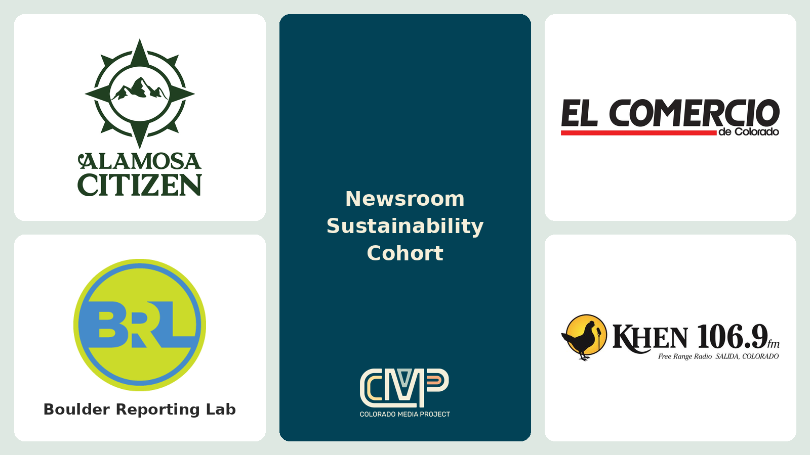 Logos of the Newsroom Sustainability cohort: Alamosa Citizen, El Comercio de Colorado, Boulder Reporting Lab and KHEN Community Radio, with the Colorado Media Project logo