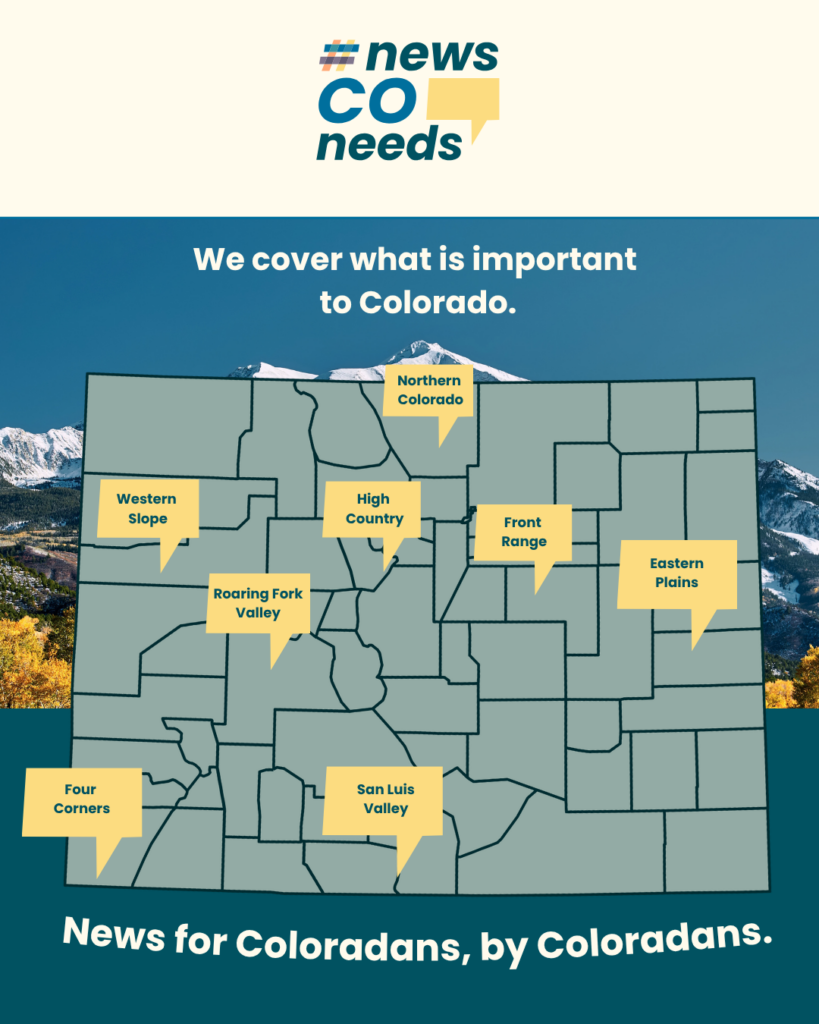 #newsCOneeds map of Colorado counties with speech bubbles marking eight regions, from the Western Slope to the Eastern Plains